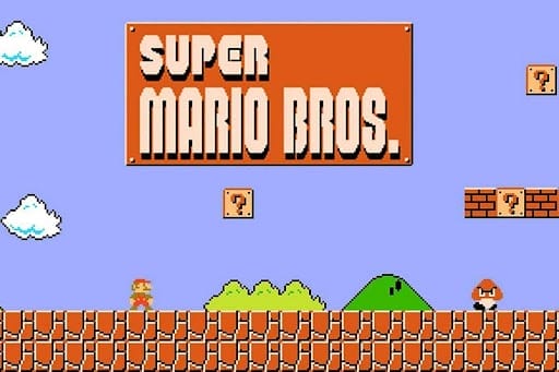 Image from the Super NES game "Super Mario Bros." featuring the game logo, brick wall, Mario, and question mark blocks.