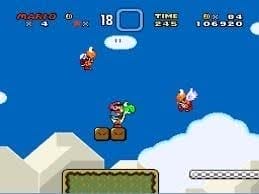 Image from the Super NES game "Super Mario Bros." featuring Mario standing on a block suspended in the clouds.