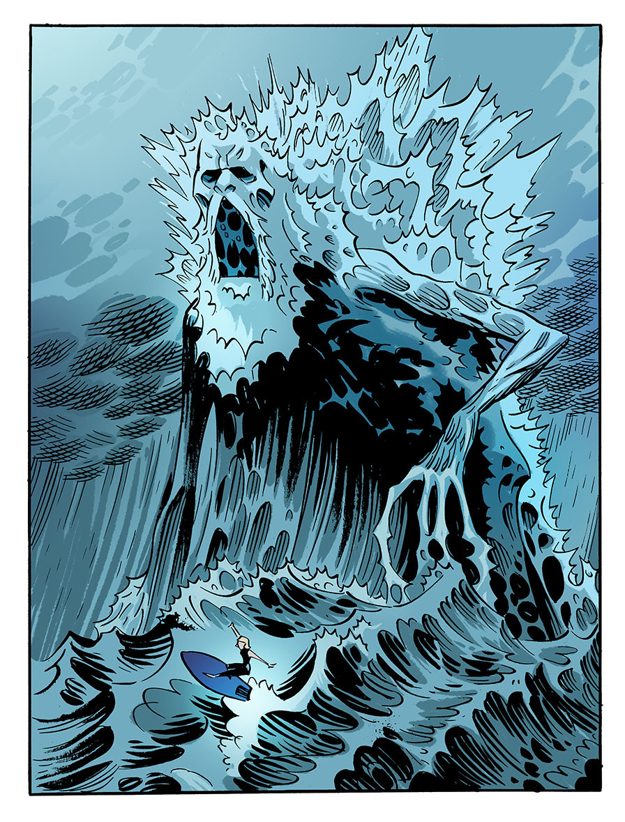 Flood risen out of the sea as a vast roaring face of water,
                    a lone surfer tiny beneath it.