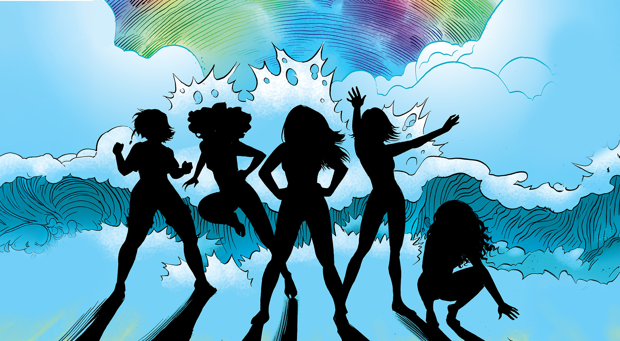 The five Tsunami Surf Sisters in silhouette against a bright sky,
                a rainbow-lit wave breaking behind them.