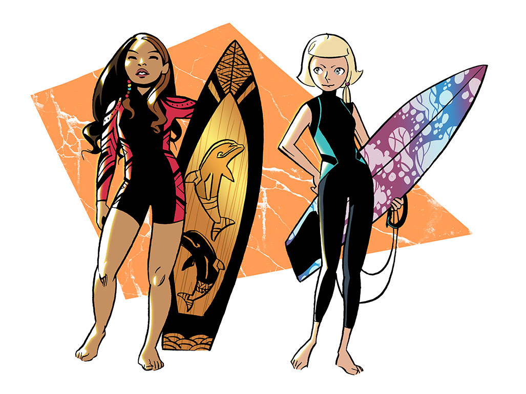 Namaka and Zee standing with their boards.