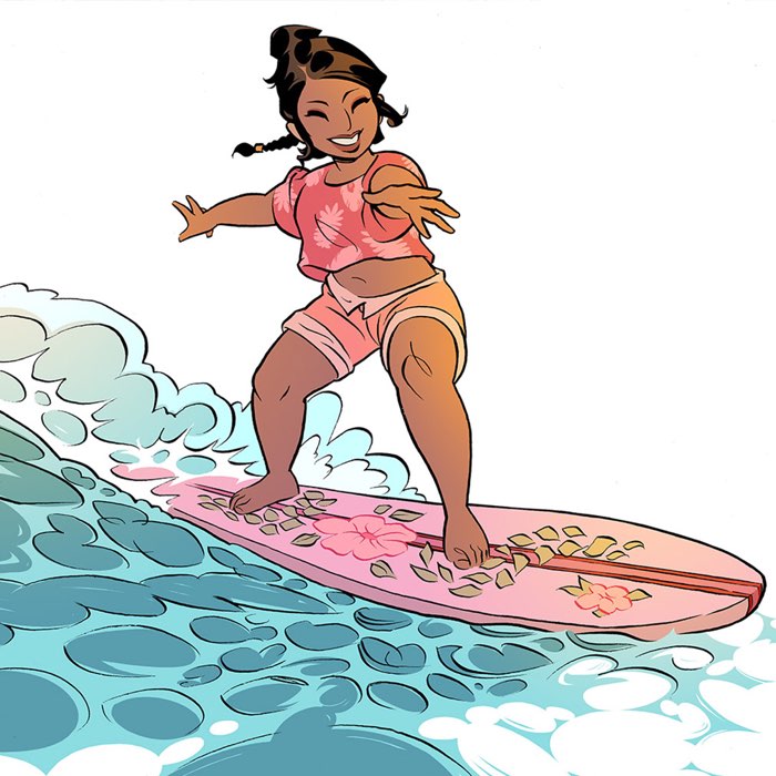 Samadura &mdash; trimming along the wave on a pink longboard.