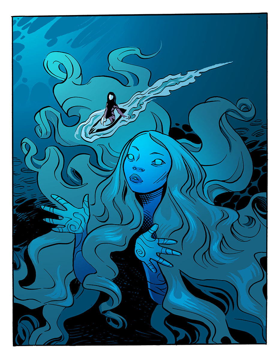 Tide beneath the surface, her hair streaming out through the
                    water, watching a lone surfer cross the light above her.