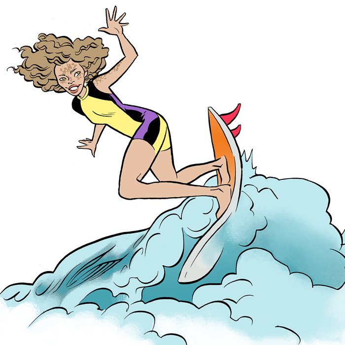 Viva &mdash; dropping down the face of a wave, arms wide.
