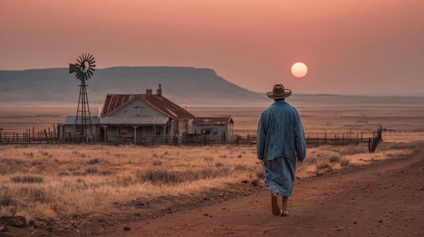 A man in striped hospital pyjamas and a cowboy hat walks
                      barefoot away down a dirt road towards a low red sun. A
                      derelict ranch house, a windmill and a long flat mesa
                      stand in the haze ahead of him.