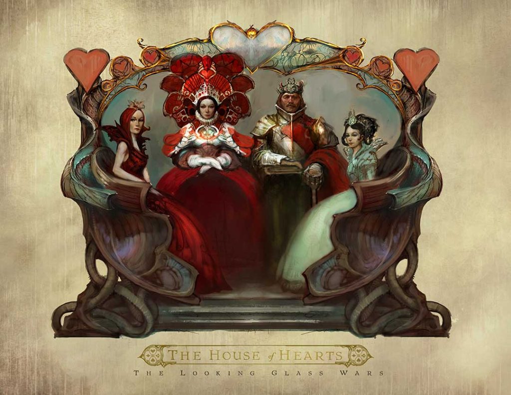 A group of people sitting in chairs, a painting of characters from The House of Hearts in Frank Beddor's "The Looking Glass Wars". This features Queen Redd, or Genevieve, a King and two princesses. 