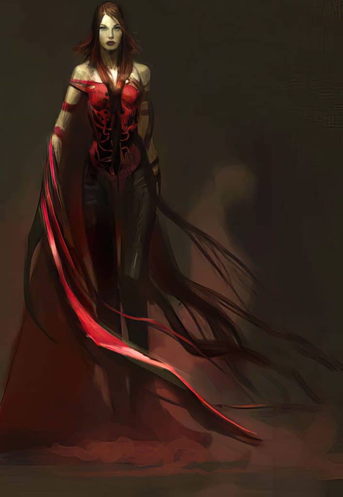 Illustration of a younger Queen Redd, wearing a red bodysuit and a tattered red cape, from Frank Beddor's "The Looking Glass Wars".