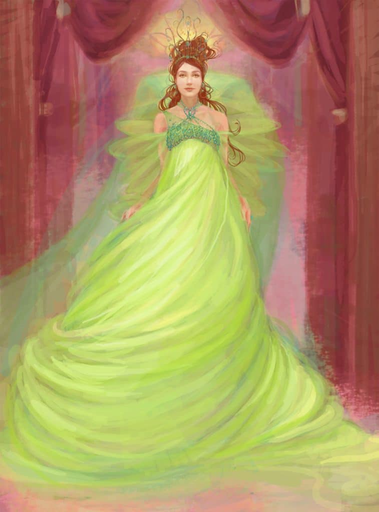 A painting of Genevieve, from Frank Beddor's "The Looking Glass Wars, wearing a green wedding dress, standing in a pink and reddish hallway. 
