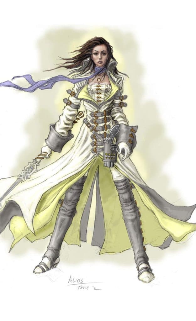 Image of Alyss, "Take 2". From the Looking Glass Wars Novel. Alice holding a sword., with a long flowing purple scarf and a white jacket with many buckles. Alyss has a small handgun in a holster on her waist.
