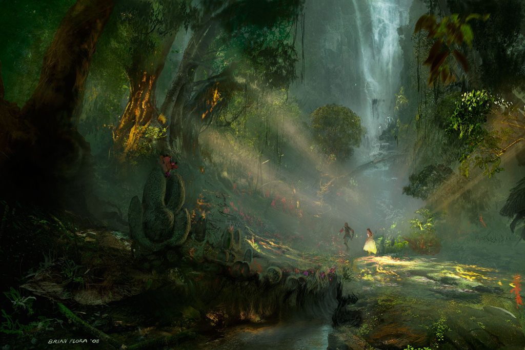 The Everlasting Forest created by Brian Flora -- Dodge and Alyss run through a rich deep forest of green trees, with golden light flooding through the canopy and a cascading waterfall in the background.