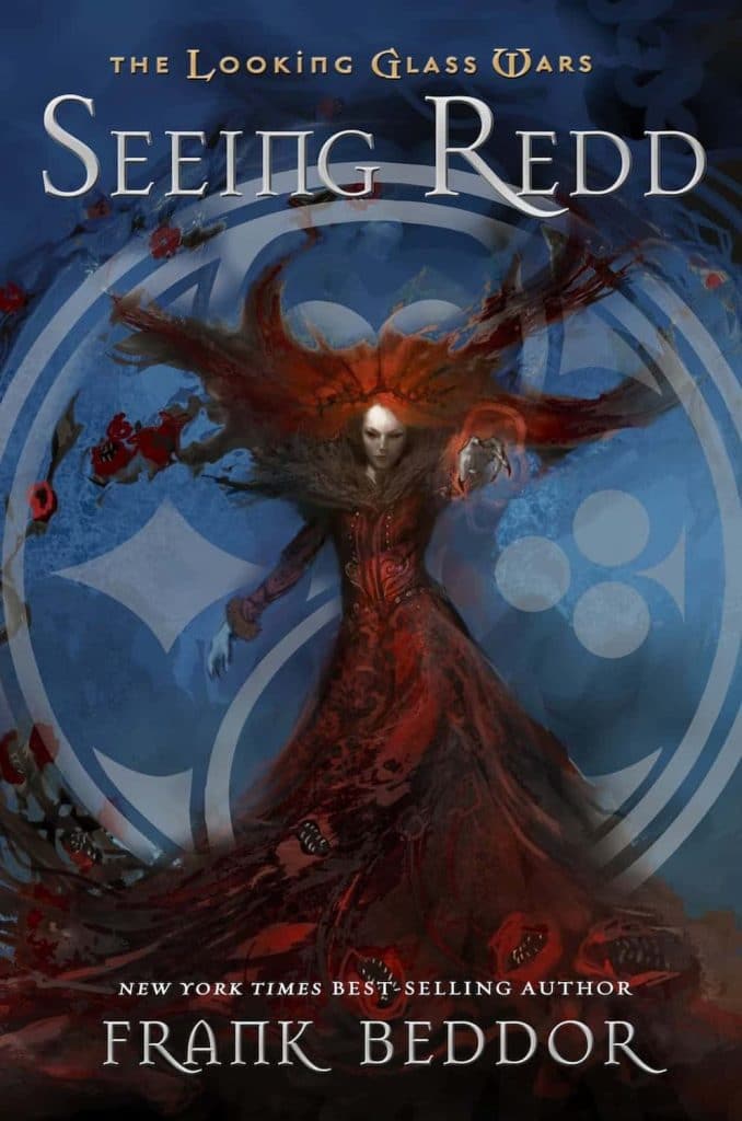 Book cover for The Looking Glass Wars, Book #2: Seeing Redd, by Frank Beddor. Features an image of Queen Redd, with a blue background that shows the playing card suits. 