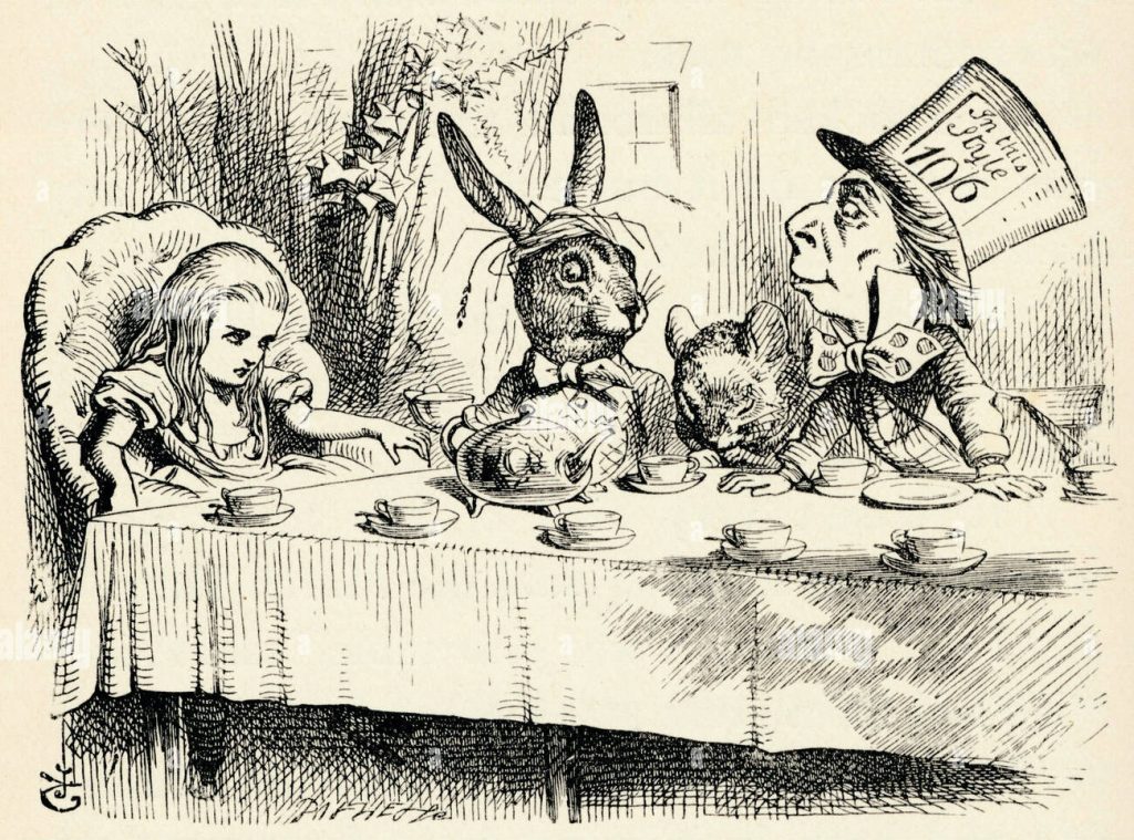 Early black and white pencil drawing from Lewis Carroll's 1865 book: Alice's Adventures in Wonderland. Here she is sitting at a table with the hare, or White Rabbit and the Mad Hatter, enjoying some tea. 