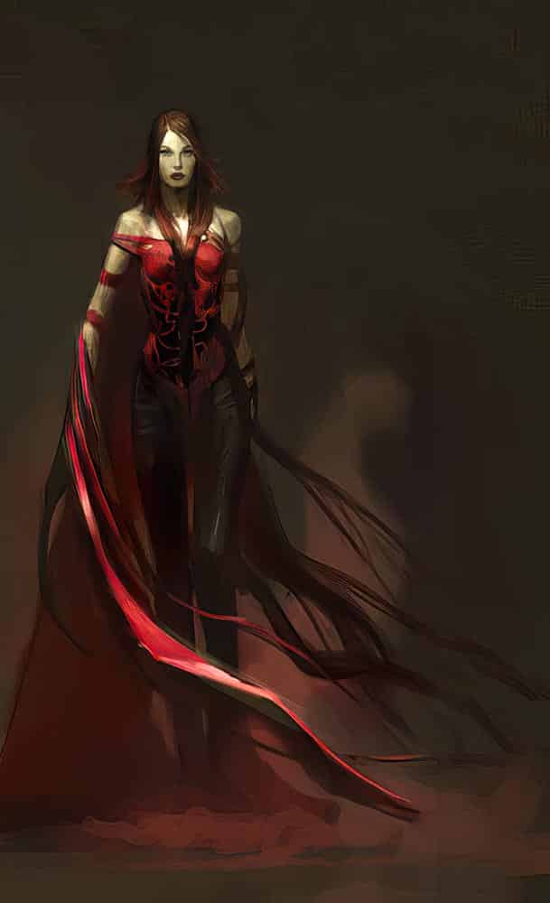 Image of Queen Redd in a red bustier that is ready for battle in "The Looking Glass Wars" by author: Frank Beddor. 
