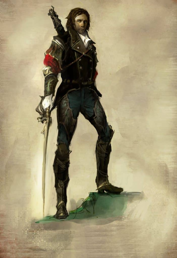 Illustration of Dodge Anders, in a military uniform and holding a sword, by artist Vance Kovacs from Frank Beddor's "The Looking Glass Wars".