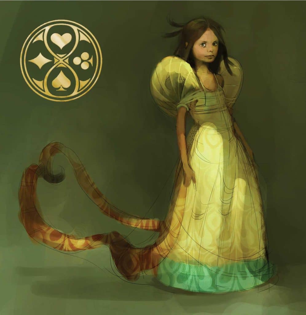 Concept art of Alyss, the main character in Frank Beddor's The Looking Glass Wars. As inspired by Lewis Carroll's Alice's Adventures in Wonderland.  She is young, wearing a yellow dress with giant shoulders and a patterned sash that flows off the back of her dress. 