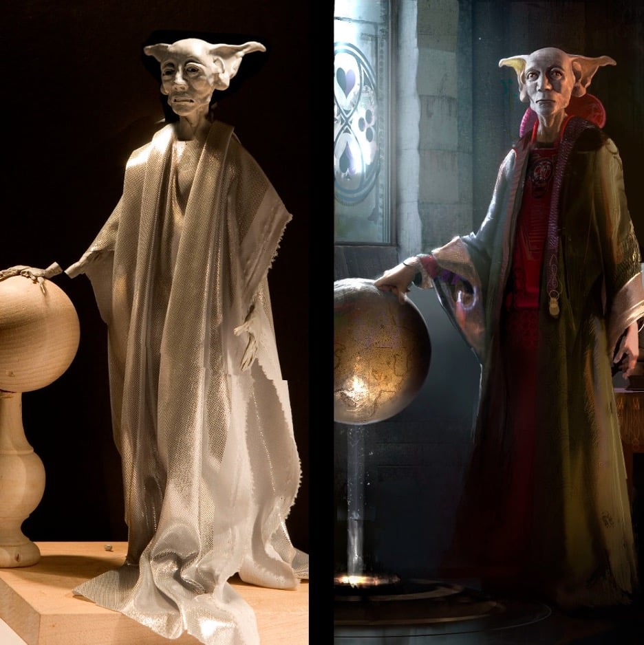 A sculpture and finished illustration of Bibwit Hart standing beside a globe, wearing a green and red robe by Brian Flora.