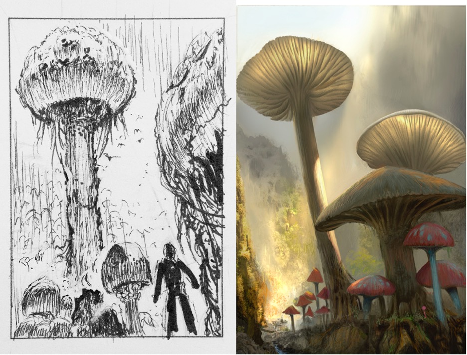 A sketch and finished image by Brian Flora of towering mushrooms.