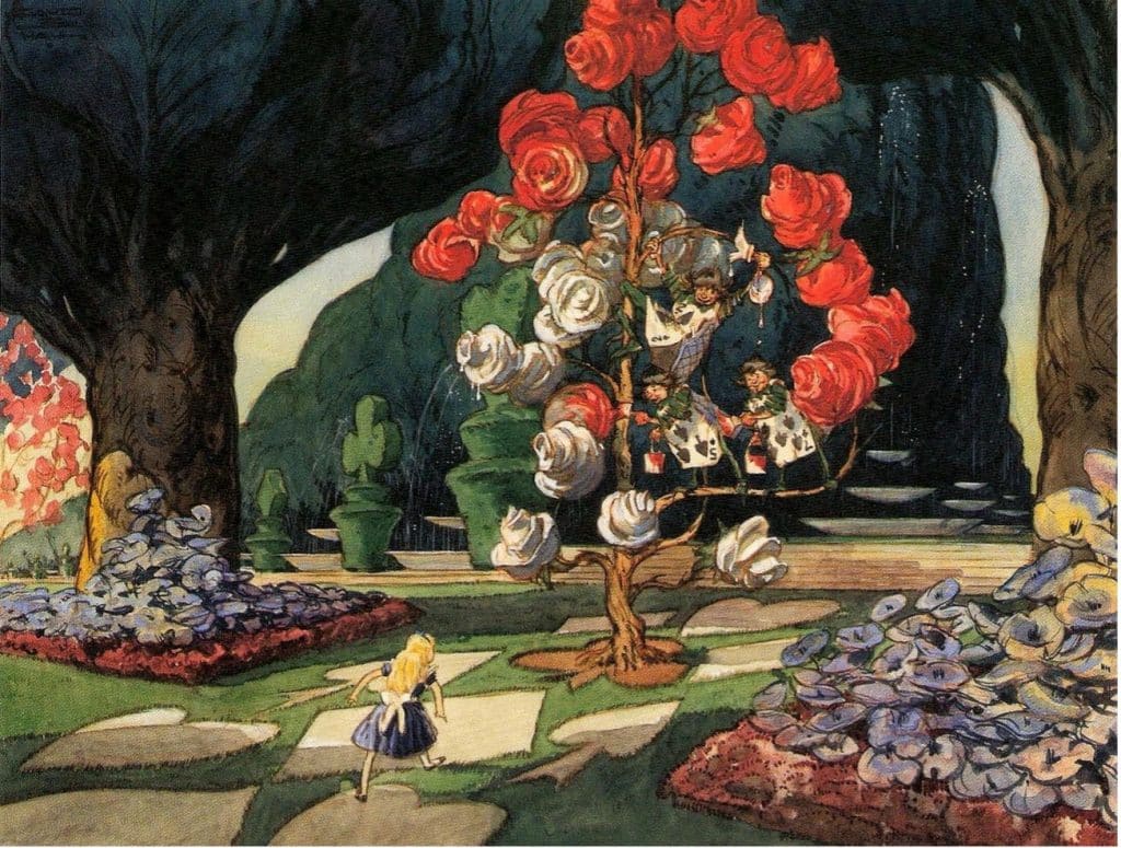 Illustration of Alice seeing playing cards painting white roses red, by David Hall