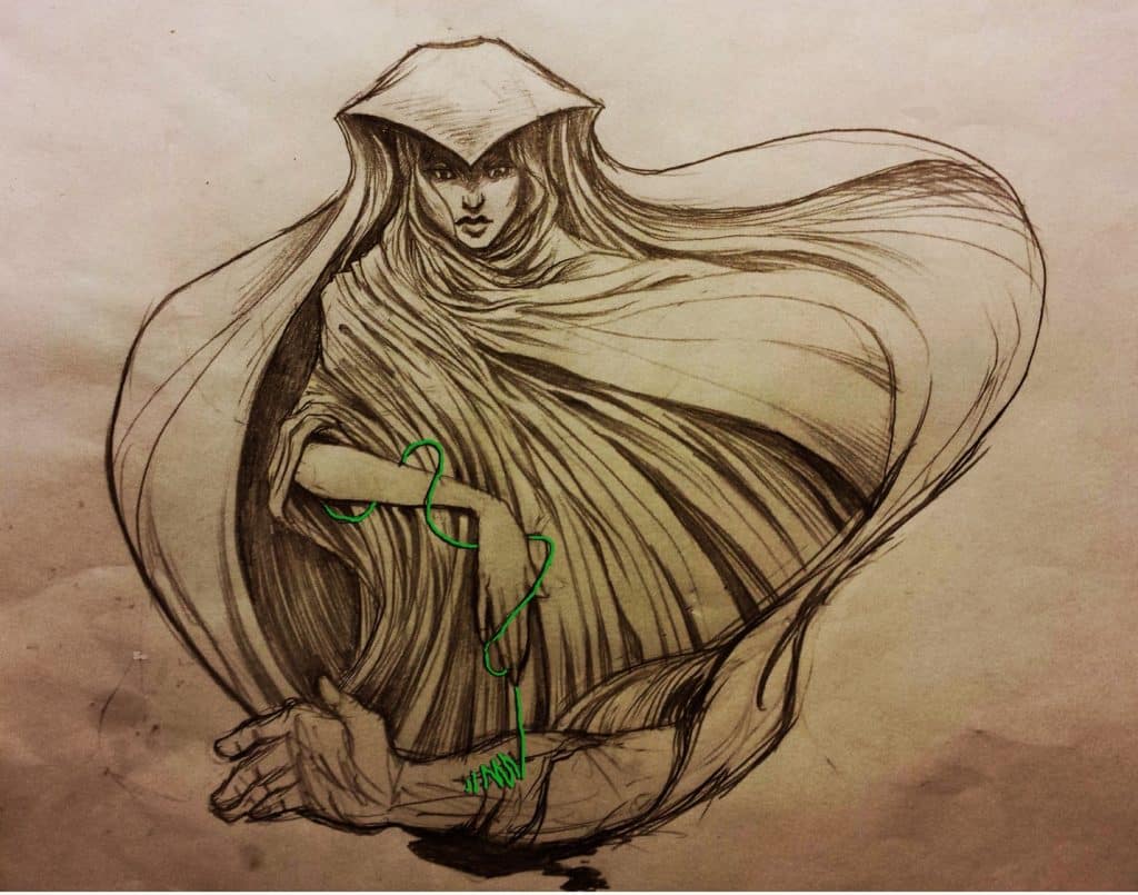 line drawing of a character with a large cloak, making hand motions that evoke magic casting from discussion with frank beddor and david sexton 2023