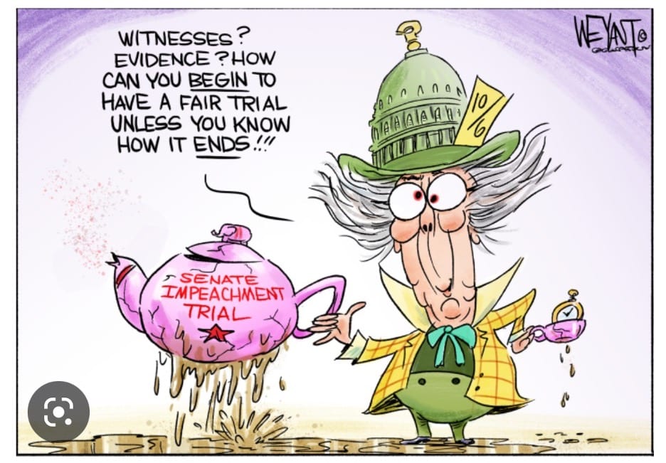 mad hatter political cartoon illustrated by christopher weyant showing a scathing depiction of the senate impeachment trial