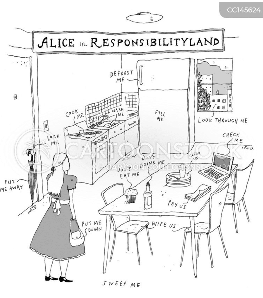 liana fink cartoon features alice in a kitchen called responsibility land with satire labels on ordinary items