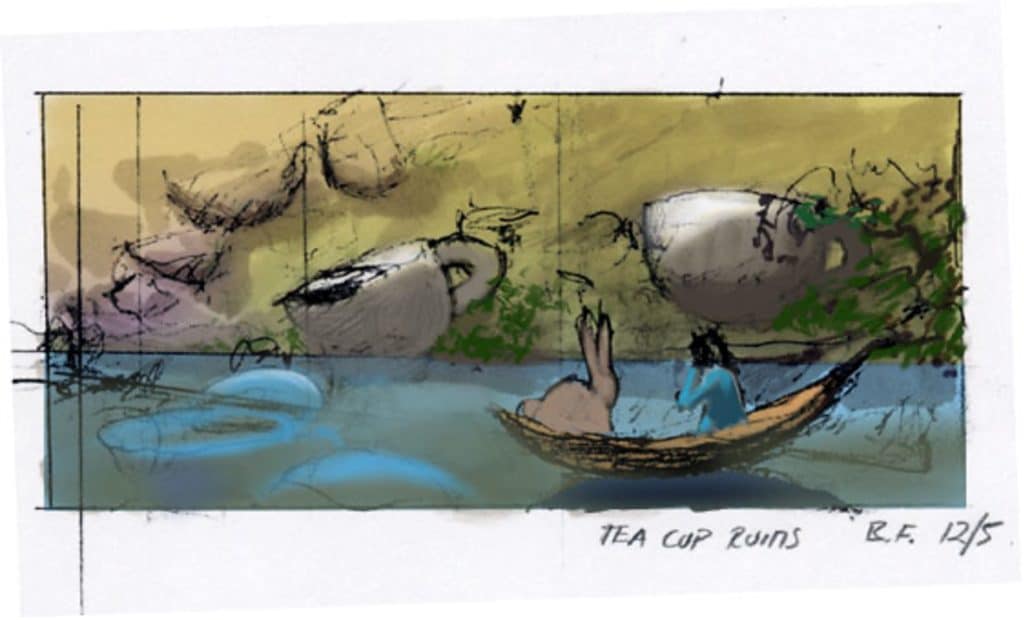 A rough sketch by Brian Flora of Alyss and Rabbit floating through the ruins of large teacups on the bank of a river.