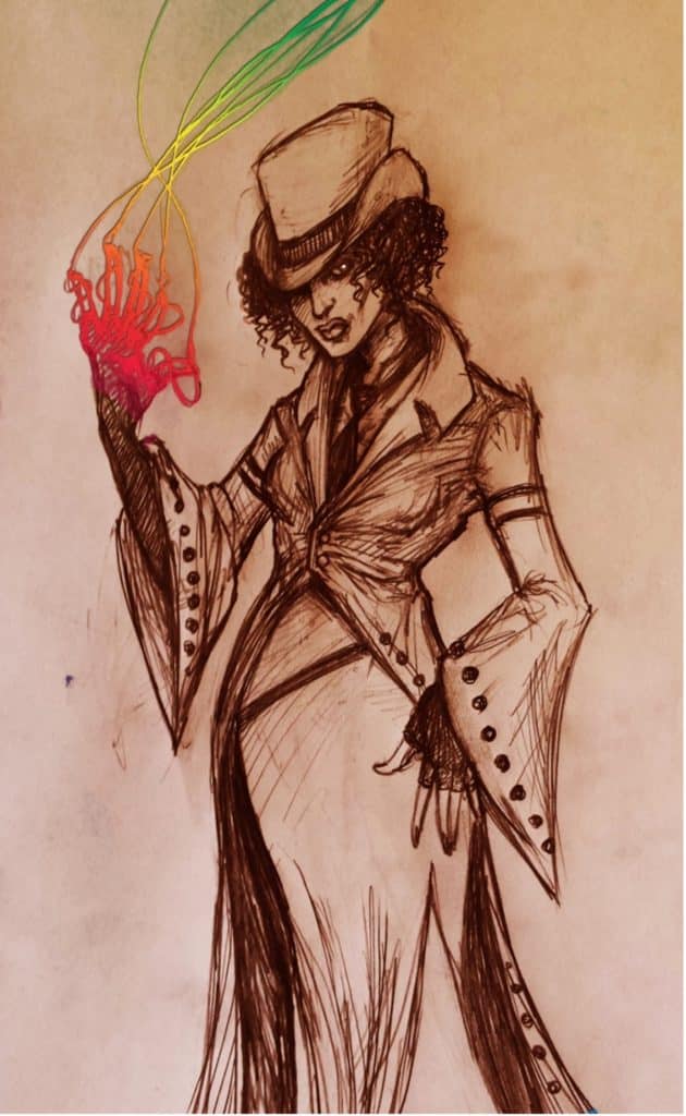 a line drawing of a woman in a top hat in the looking glass wars universe casting a magic spell with one hand casually from discussion with frank beddor and david sexton 2023