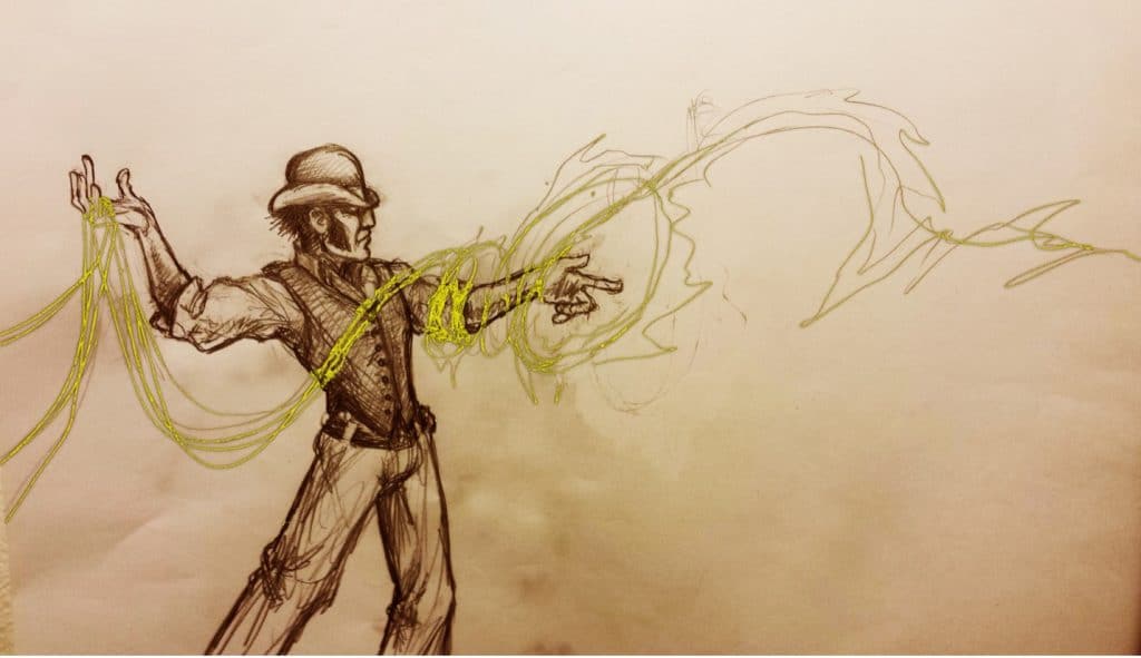Illustration of Hatter Madigan using magic -  appearing as yellow ropes or lightning bolts in Wonderland, or the Wonderverse as seen in Frank Beddor's The Looking Glass Wars, based on Lewis Carroll's Alice's Adventures in Wonderland. 