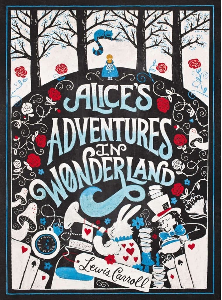 Alice's Adventures in Wonderland by Lewis Carroll book cover. Mostly white background with trees on top and a giant hole with the White Rabbit, Hatter, Alice, Chesire Cat. Around the title is decorated with mushrooms, red roses and vines. 