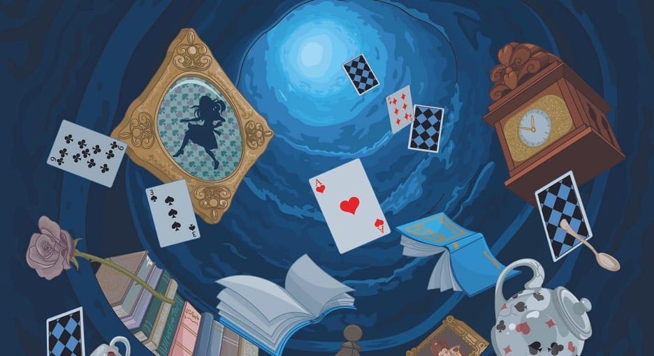 animated vortex showing alice in wonderland objects such as playing cards, clocks, tea pots, books and flowers
