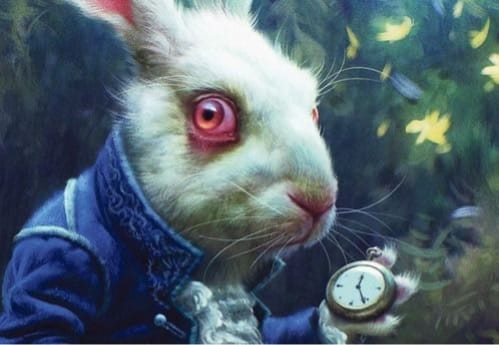 the white rabbit from Disney's 2010 Alice In Wonderland movie is front and center, with an emphasis placed on his red eye and held pocket watch