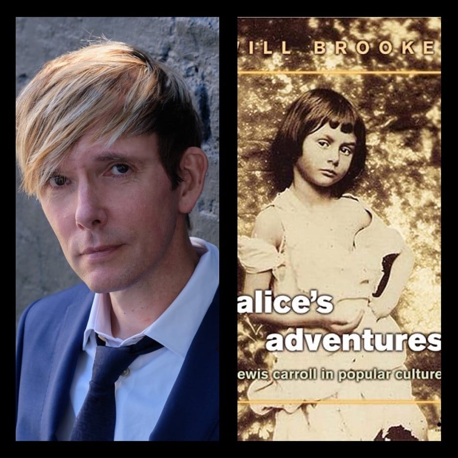 Will Brooker and the cover of his 2005 book, Alice’s Adventures: Lewis Carroll in Popular Culture