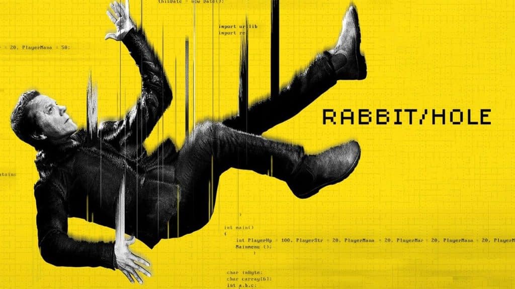 promotional shot with yellow background for the show rabbit/hole with keifer sutherland on paramount plus
