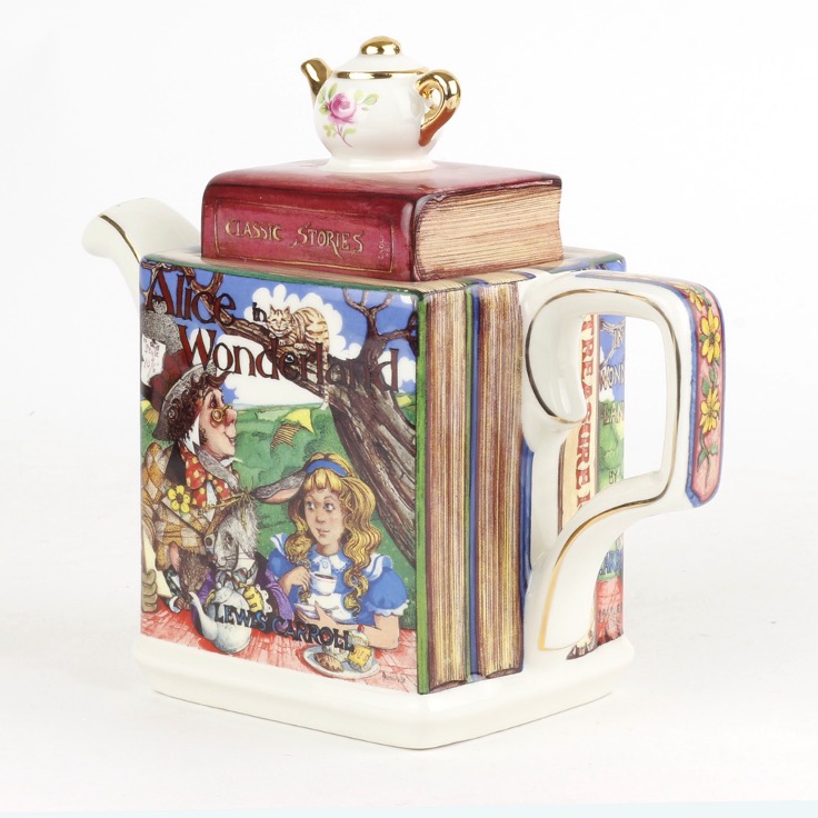 Vintage-children's-books-inspired-teapot-by-James-Sadler-ceramic-tea-pot-that-looks-like-a-bookshelf-with-Lewis-Carroll-Alice-in-Wonderland-book-cover-classic-stories-porcelain-novelty-collectors-item