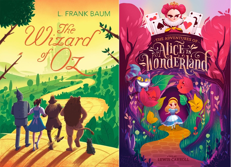 On Left, L. Frank Baum The Wizard of Oz book cover image. Cartoon Dorothy, Tin Man, Scarecrow and the Cowardly Lion walk the yellow brick road with the castle of Oz further down the horizon. On right the Adventures of Alice in Wonderland - A tale by Lewis Carroll. Book cover with cartoon Alice wandering through Wonderland, as the flowers and Chesire Cat watching her every move. The Red Queen sits above, looking stern, watching over her kingdom. 