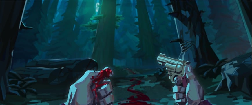 Screenshot-of-horror-game-videogame-pc-console-gaming-cartoon-digital-compositing-first-person-view-of-hands-holding-revolver-and-bloody-gore
