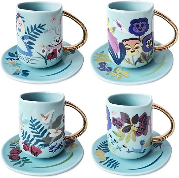 Mary-Blair-upside-down-handle-collection-Alice-In-Wonderland-tea-set-with-characters-mad-hatter-whiite-rabbiti-Chesire-cat-red-queen-white-queen-flowers-beautiful-elegant-ligiht-blue-wiith-golden-handles