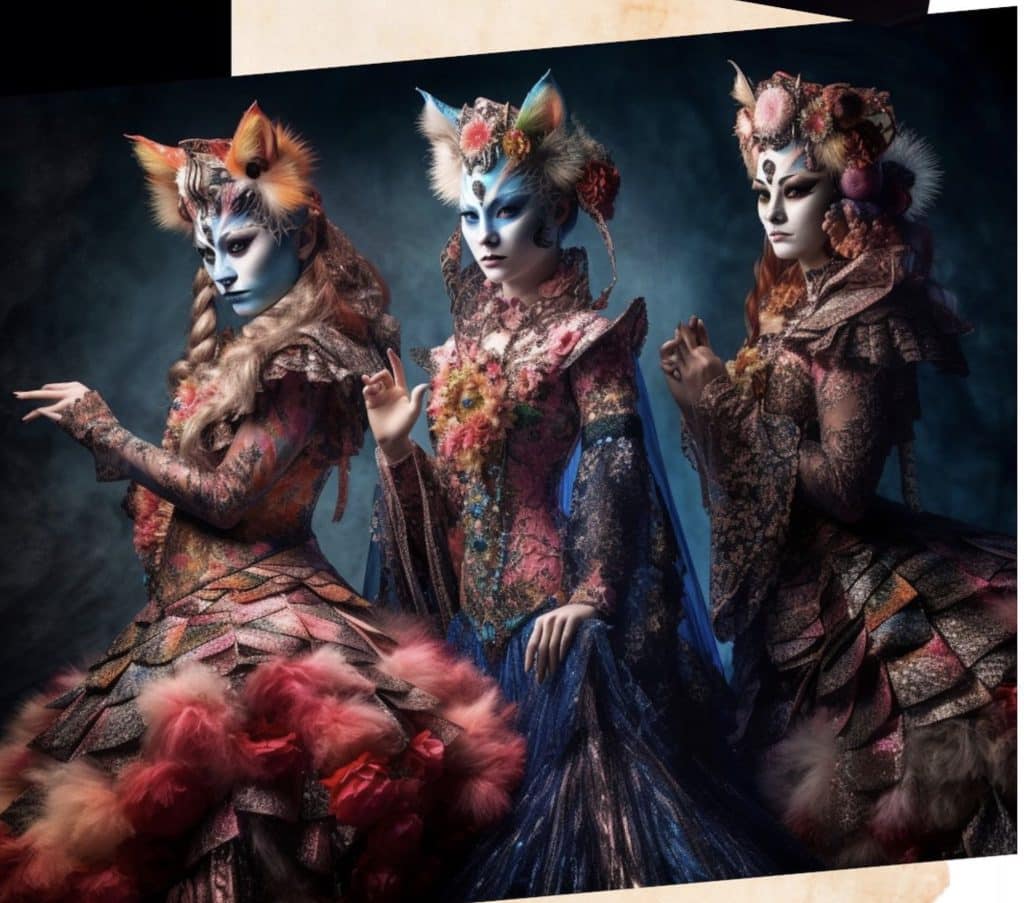 Chesire-sisters-from-mad-hatter-the-musical-3-cat-like-women-wearing-extravagant-ball-gowns-wiith-feathered-head-gear-that-looks-like-cat-ears