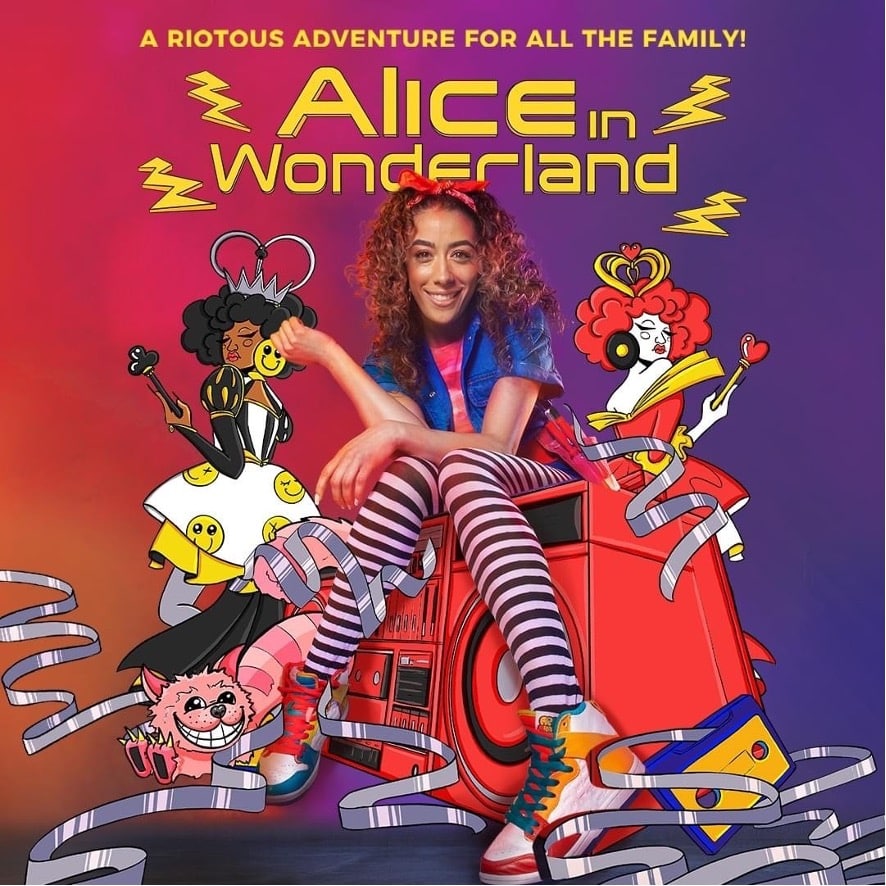 show-poster-for-modern-day-adaptation-of-Alice-in-Wonderland-by-Vikki-Stone-2023-Liverpool-Playhouse-Everyman-theatre-musicall-queen-of-charts-hearts-chesire-cat-mad-hatter-march-hare-Lewis-Carroll-white-rabbit-tea-party-Frank-Beddor-author-of-The-Looking-Glass-wars