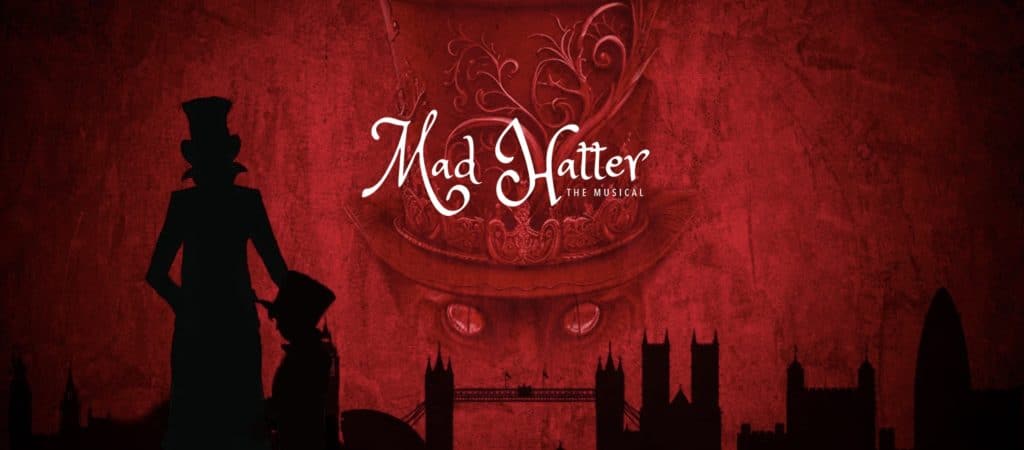 Mad-Hatter-the-musical-original-poster-theater-ad-all-red-with-silhouette-of-man-and-child-both-wearing-top-hats-overlooking-London-England-creepy-spooky