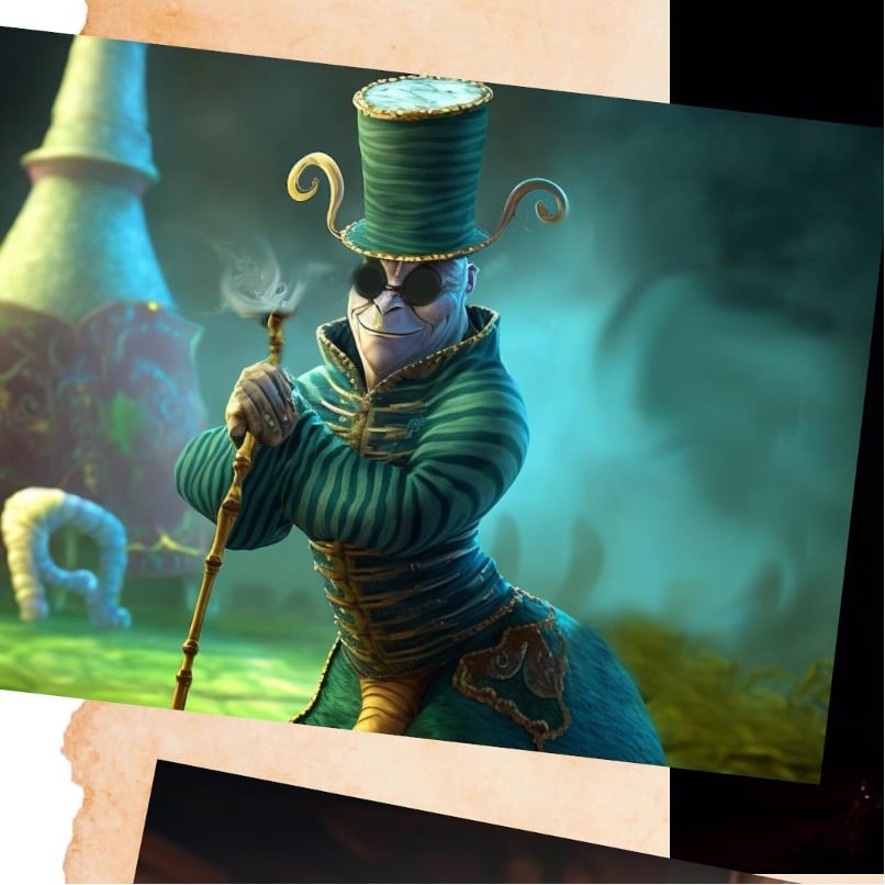 Mad-hatter-the-musical-caterpillar-character-art-pale-skinned-worm-like-creature-wearing-teal-top-hat-and-gold-and-light-green-coat-that-is-very-aristocratic