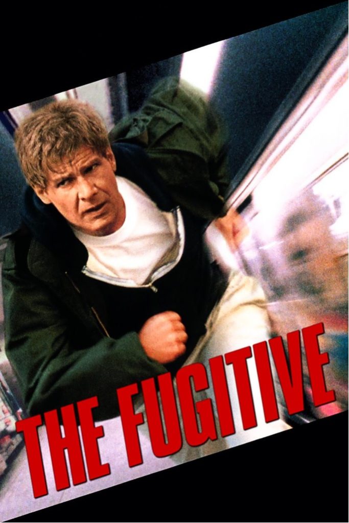 Harrison Ford, starring in The Fugitive. 1993 action movie, co-starring Tommy Lee Jones, Jullianne Moore, and Sela Ward. Movie poster featuring Harrison Ford running. 
