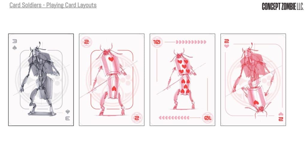 A playing card layout featuring characters from the Hatter M. graphic novels and the Looking Glass Wars. 