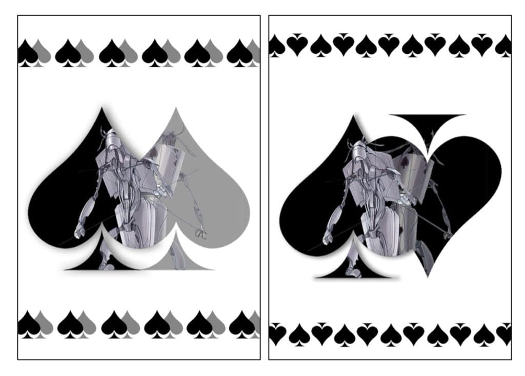 A close-up of a card of spades, in black and white. Design of Looking Glass Wars characters by Ferndando Del Rosario. 