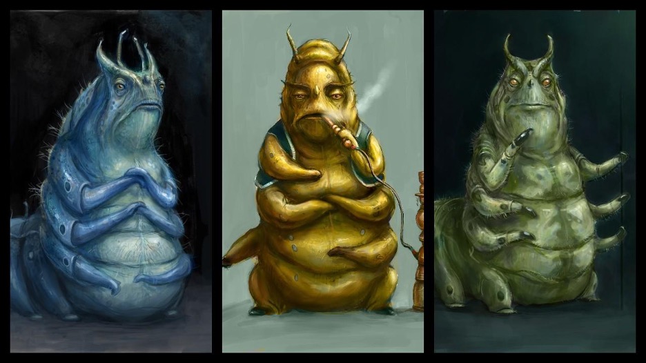 Concept art of the Blue, Orange, and Green Caterpillars from author Frank Beddor's "The Looking Glass Wars" trilogy. 