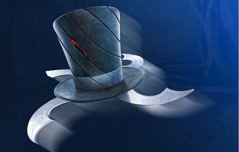 Hatter Madigan's hat, flying through the air, with blades coming out of the brim of the hat along a blue background. 