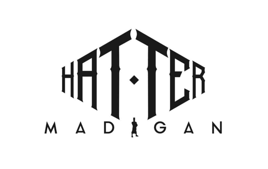 A black and white Hatter Madigan logo with a person walking, designed by Fernando Del Rosario. 