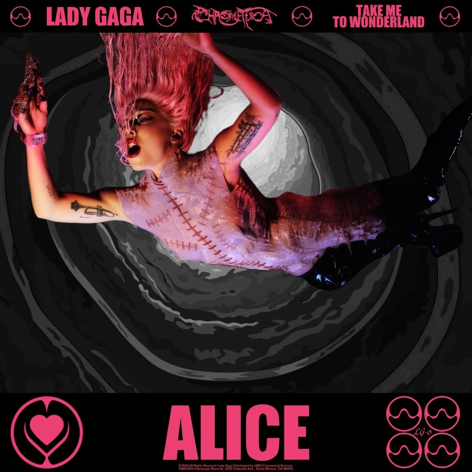 Lady Gaga ddressed in pink Frankenstein garmets and hair, un a black circular background, like the rabbit hole in Lewis Carrolll's Alice in Wonderland. Cover art for her single, "Alice - Take Me to Wonderland". 