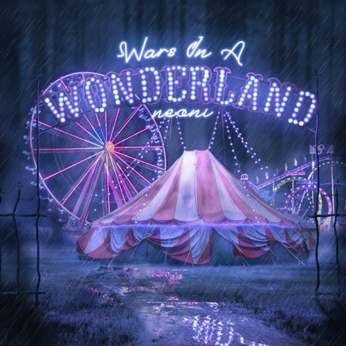 A circus tent and ferris wheel and roller coaster in the rain. From pop duo: Neoni, this is the cover art for their album: "Wars in a Wonderland". 