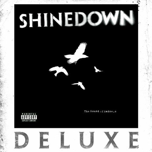 Rock band: Shinedown's album cover for The Sound of Madnesss, featuring the Alice in Wonderland-themed song: "Her Name is Alice". 
Black background with 4 white bird shapes and white lettering. Looking Glass Wars Author, Frank Beddor gives us this expert's take. by Marissa Armstrong. 
